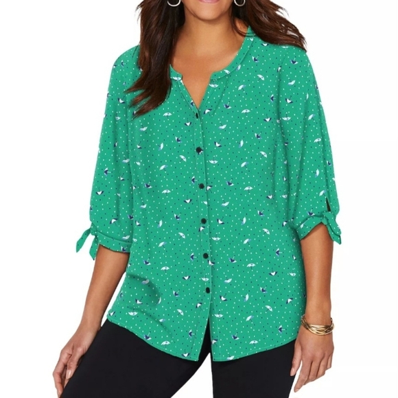 NWT 1X Catherines Georgette Button Down Tie Sleeve Blouse - Picture 1 of 6
